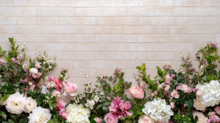 A stunning floral arrangement featuring soft pink and white flowers set against a textured brick wall. Perfect for wedding decor, events, or artistic backgrounds.の素材