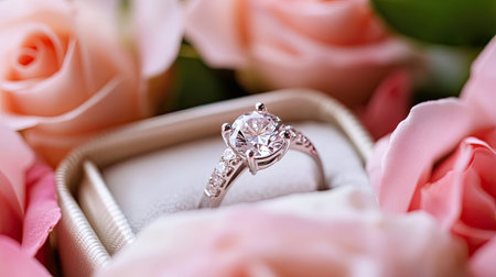 A stunning engagement ring shines brightly amidst beautiful roses, symbolizing love and commitment. The soft lighting enhances its elegance, perfect for romance.の素材