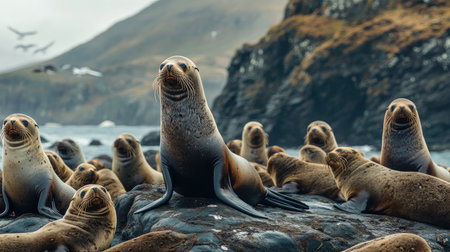 A serene gathering of seals lounging on rocky terrain by the ocean. This tranquil scene highlights their natural behavior and beautiful coastal environment.の素材