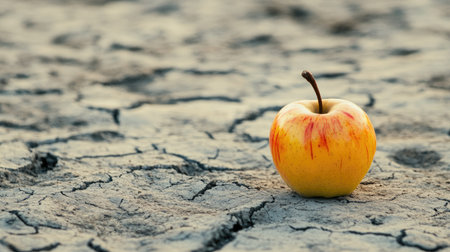 A vibrant yellow apple sits alone on dry cracked ground, highlighting the impact of climate change and drought on agriculture. This striking image conveys themes of resilience and sustainability.の素材