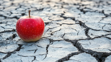 A vibrant red apple sits alone on dry cracked earth, highlighting the stark contrast between nature's beauty and environmental degradation, symbolizing climate change.の素材