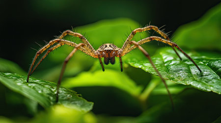 A detailed close-up of a brown spider resting on green leaves, showcasing its intricate features and natural beauty in a vibrant ecosystem. Perfect for nature enthusiasts.の素材