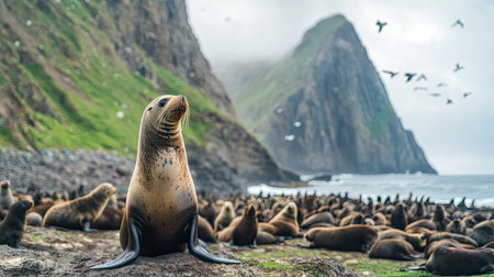 A serene scene of seals basking on a rocky shoreline, surrounded by dramatic cliffs and ocean waves, capturing the tranquility and beauty of nature.の素材