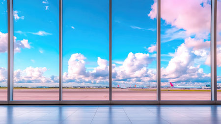A stunning view of an airport from inside a terminal, showcasing bright skies and fluffy clouds. The vibrant atmosphere reflects a sense of travel and adventure.の素材