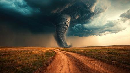 A striking tornado forms in a dramatic sky, looming over a tranquil rural landscape. The juxtaposition of calm nature with the chaotic storm creates a captivating scene.の素材