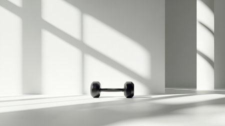A solitary dumbbell rests on a bright gym floor, enhanced by soft shadows, creating a serene and minimalist atmosphere perfect for fitness motivation and training.の素材