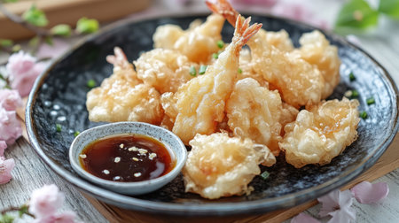 Delight in this plate of crispy shrimp served with a rich dipping sauce. Perfect for appetizers, showcasing vibrant colors and delicious textures. Enjoy!の素材