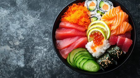 This vibrant sushi bowl showcases an array of fresh ingredients, featuring salmon, tuna, and colorful vegetables, perfect for culinary enthusiasts.の素材