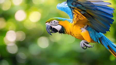 A stunning macaw gracefully soars through the air, showcasing its vivid blue and yellow feathers. The lush green background enhances the vibrant colors and natural beauty.の素材