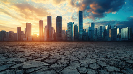 A breathtaking urban scene at sunset, showcasing a city skyline against a backdrop of cracked earth. The vibrant sky contrasts with the barren ground, highlighting environmental issues.の素材