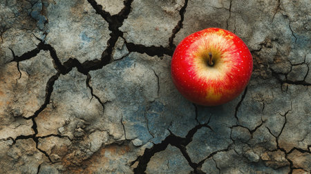 A vibrant red apple rests on dried, cracked earth, highlighting the stark contrast between life and decay. This image captures the theme of resilience in nature.の素材