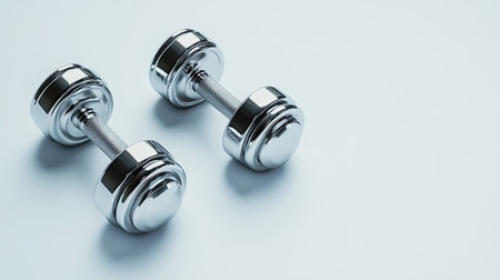 This high-quality image features two chrome dumbbells resting on a light surface, perfect for fitness and exercise themes. Ideal for health and wellness projects.の素材