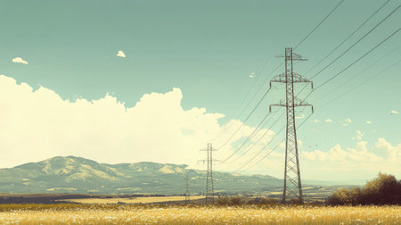 A stunning landscape featuring power lines against a backdrop of mountains and a bright sky. This tranquil scene captures nature's beauty alongside human engineering.の素材