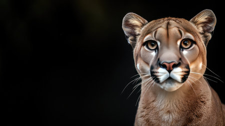 A stunning close-up portrait of a cougar displaying an intense gaze, highlighting its captivating features against a dark backdrop, showcasing its natural beauty and strength.の素材
