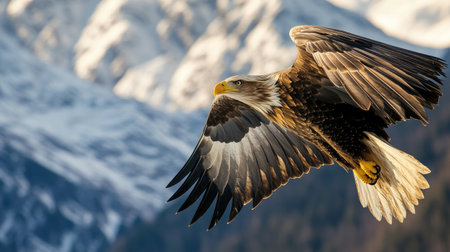A stunning bald eagle glides gracefully across a breathtaking mountain landscape, highlighting nature's beauty and the serenity of wildlife in flight.の素材