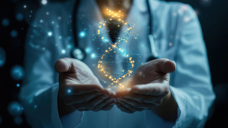 A pair of hands displays a glowing DNA strand amidst particles in a dark setting, symbolizing innovation and advancement in genetics and medical research.の素材