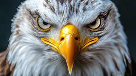 This striking close-up captures the intense gaze of a bald eagle, highlighting its vivid yellow beak and piercing eyes. A true symbol of wildlife.の素材