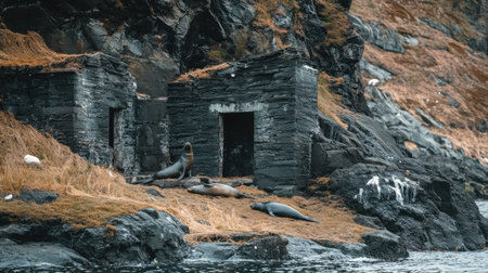 A serene view of seals lounging beside weathered buildings on a rocky shoreline. This landscape captures the wild beauty and tranquility of nature, showcasing marine life.の素材