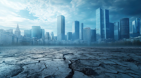 A dramatic urban landscape features cracked earth in the foreground with towering skyscrapers in the background, reflecting a stark contrast between nature and industry.の素材