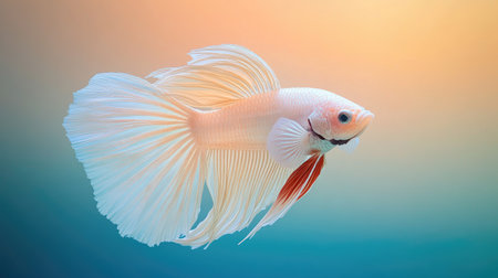 A stunning white betta fish glides gracefully through tranquil waters, showcasing its flowing fins and vibrant colors. This aquatic beauty embodies serenity and elegance.の素材