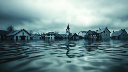 A tranquil yet haunting scene of a flooded village, showcasing houses and a church partially submerged in water, under a gloomy sky, evoking deep emotions.の素材