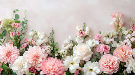 Captivating floral arrangement features soft pink blooms and lush greenery on a light background, perfect for spring decor or special events.の素材