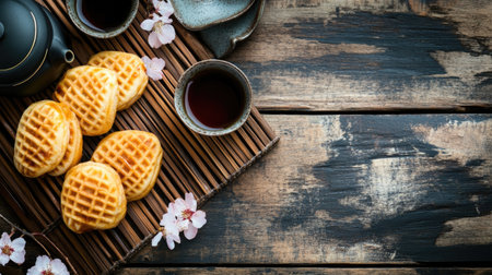 This image features delicate waffles arranged with tea and cherry blossoms on a rustic wooden surface, creating a cozy and inviting atmosphere perfect for enjoying moments of relaxation.の素材