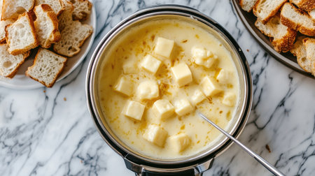 Indulge in a rich cheese fondue served with crispy bread, perfect for gatherings. This delightful dish brings warmth and flavor to any table setting.の素材
