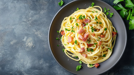 A delightful serving of creamy pasta with crispy bacon and fresh herbs on a dark plate. Perfect for food lovers who enjoy Italian cuisine.の素材