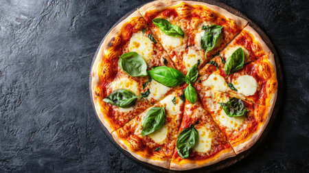 Enjoy the vibrant colors and fresh ingredients of this margherita pizza topped with basil on a dark backdrop, showcasing a culinary delight.の素材