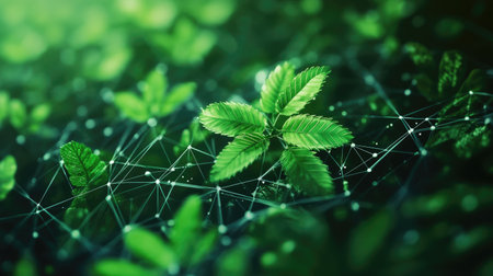Close-up view of vibrant green leaves surrounded by digital connections, symbolizing the harmony between nature and technology. Ideal for eco-themed projects.の素材