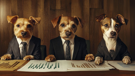Three dogs dressed in suits sit at a table filled with charts and documents, portraying a humorous business meeting. Their serious expressions add to the charm.の素材