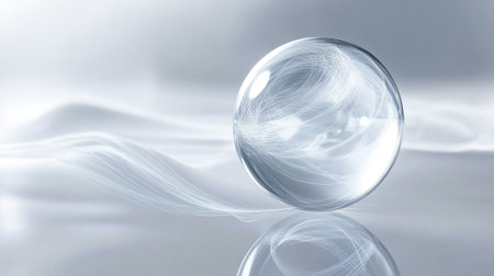 A stunning glass sphere sits elegantly on a reflective surface, surrounded by ethereal light and soft abstract swirls, creating a tranquil and artistic atmosphere.の素材