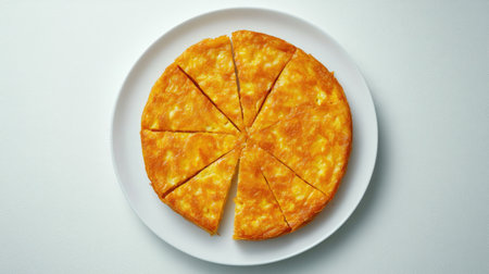 A stunning view of a homemade Spanish tortilla sliced into portions on a white plate. Perfect for breakfast, brunch, or any meal, this dish features golden eggs and potatoes.の素材