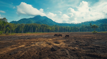 A tranquil scene showcasing cattle grazing in an expansive field, surrounded by mountains and vibrant trees under a clear blue sky, capturing the essence of rural life.の素材