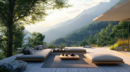 This serene outdoor living space showcases a modern design with comfortable seating and stunning mountain views, perfect for relaxation and tranquility.の素材