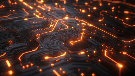 Explore the intricate design of a glowing circuit board, showcasing vibrant orange lines and patterns on a dark background, perfect for technology themes.の素材