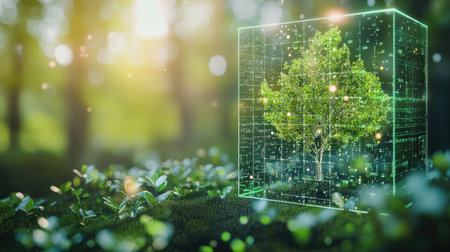 A futuristic illustration of a tree encapsulated in a digital prism, symbolizing the harmony between nature and technology in an innovative landscape.の素材