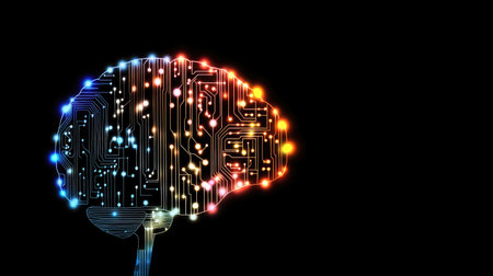 Artistic representation of a brain integrating circuit patterns and colorful lights, symbolizing the fusion of technology and human thought in the digital age.の素材