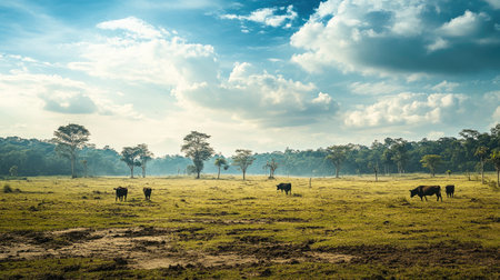 A tranquil landscape featuring cows grazing peacefully in a vast pasture. This serene scene is framed by a bright blue sky dotted with fluffy clouds. Perfect for nature lovers.の素材