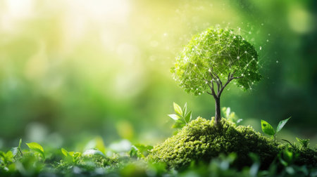 A vibrant green tree stands on a soft moss bed, symbolizing growth and connection. The abstract network background represents harmony between nature and technology.の素材