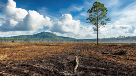A stunning view of a clear-cut forest with a lone tree standing tall against a backdrop of fluffy clouds and a distant mountain, illustrating environmental change.の素材