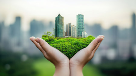 A captivating image of hands cradling a green landscape, symbolizing the balance between urban development and nature. This artwork promotes sustainability and green living.の素材