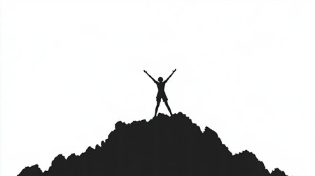 A striking silhouette of a person celebrating triumph atop a mountain peak, arms raised in victory. This image captures the essence of achievement, nature, and adventure.の素材