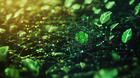 A vibrant digital illustration featuring green leaves and geometric elements, representing the connection between nature and technology, reflecting innovation and sustainability.の素材