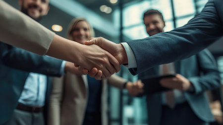 A close-up of business professionals shaking hands in a modern office, symbolizing partnership and unity. The relaxed atmosphere reflects collaboration and trust among team members.の素材