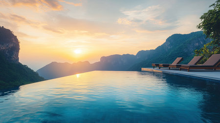 A breathtaking sunset casts a warm glow over an infinity pool, surrounded by majestic mountains. This serene scene captures the essence of relaxation and luxury in nature.の素材