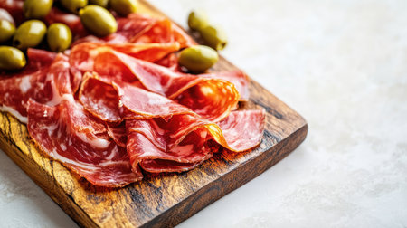 A visually appealing arrangement of sliced cured meat accompanied by fresh green olives on a rustic wooden board, perfect for appetizers or gourmet snacks.の素材