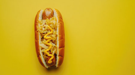 Enjoy a delightful hot dog topped with mustard and sauerkraut on a vibrant yellow background, perfect for food lovers and casual dining.の素材