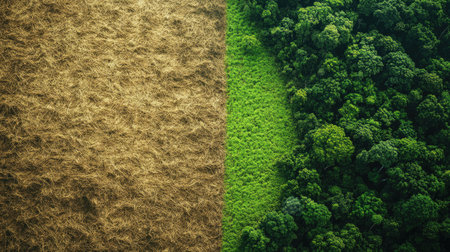 This image captures a stunning contrast between a dry grassland and a vibrant green forest, showcasing the beauty of nature's diversity and ecological balance.の素材